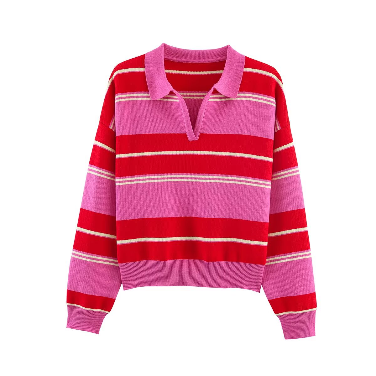 Women's striped polo shirt collar knit sweater