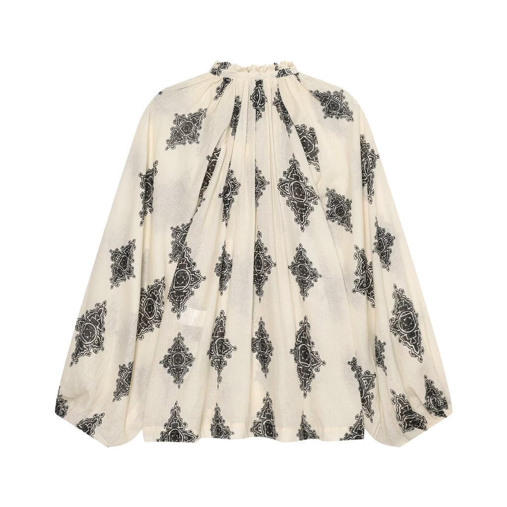 Women's oversized lantern sleeve printed top