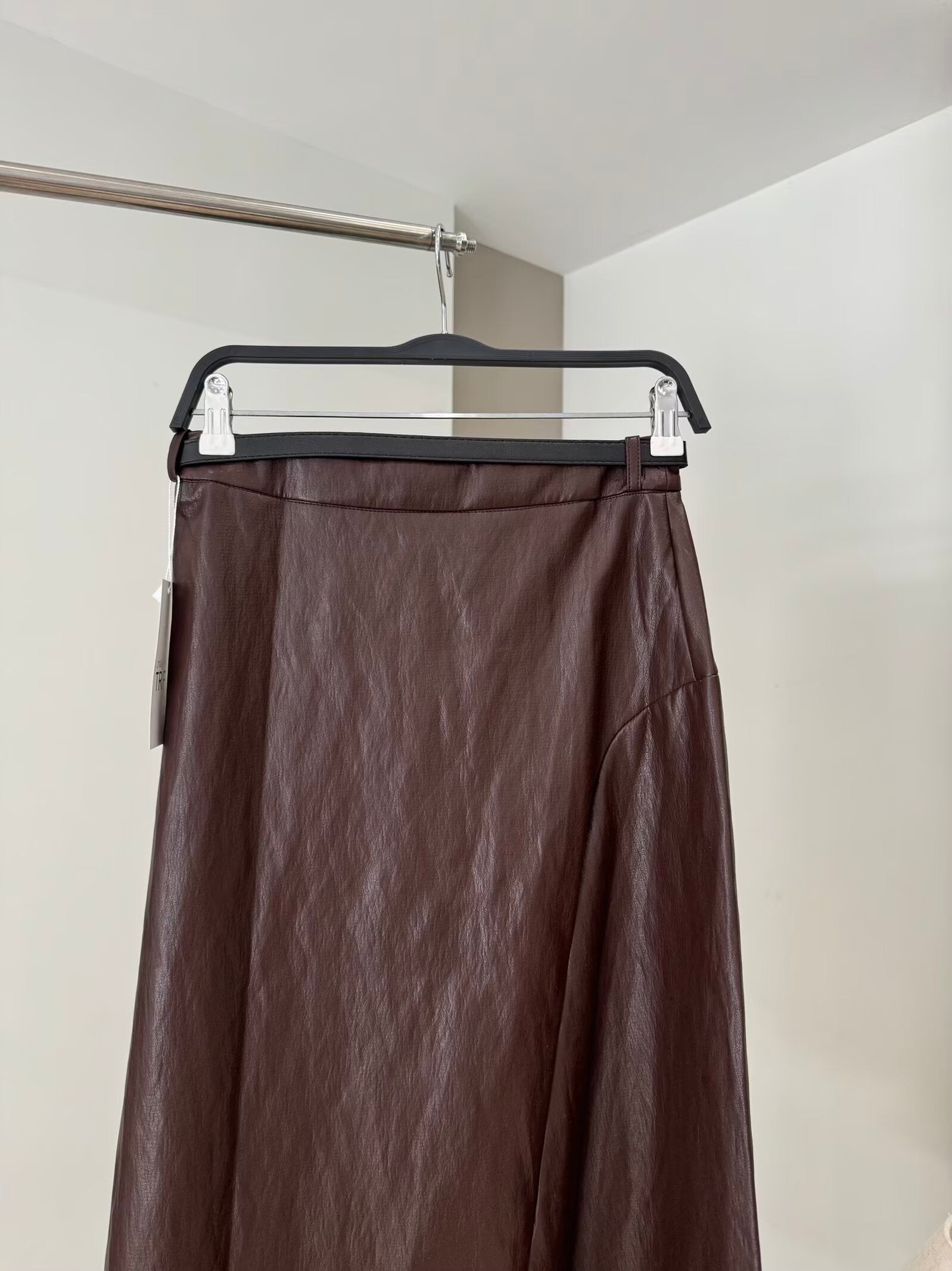 Women's New Fashion With Belt Casual Leather Effect Midi Skirt
