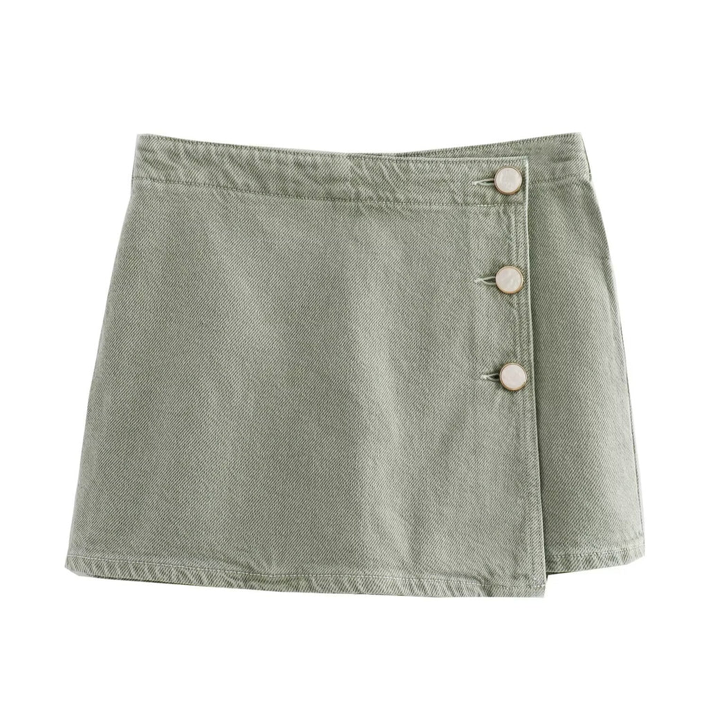 Ladies' new fashion asymmetrical design slim single breasted denim shorts Skirts