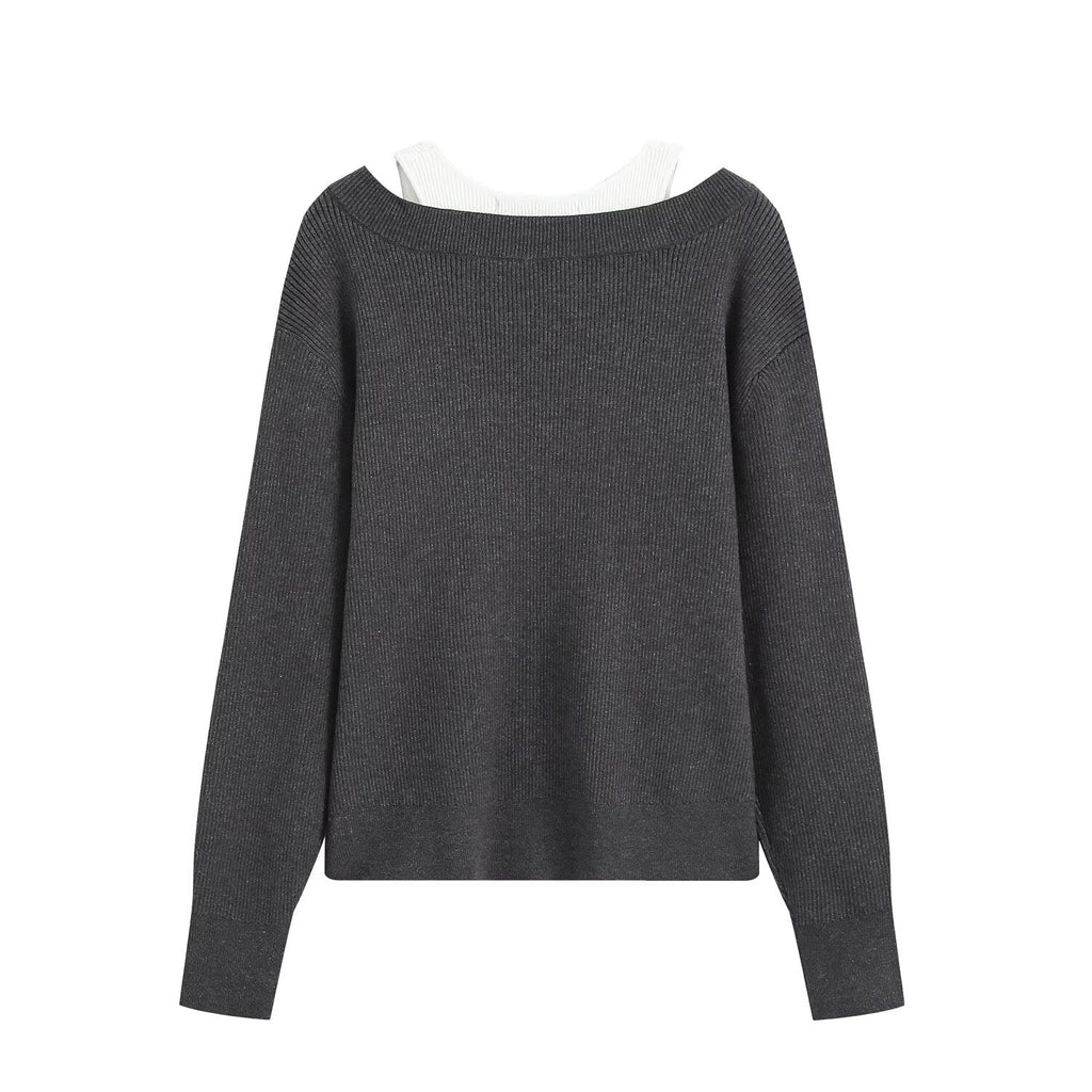 Women's fake two-piece round neck knitted sweater