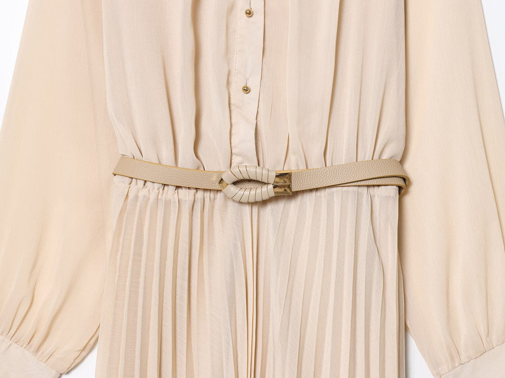 Women's New Fashion With Belt Long Sleeve Pleated Midi Dress