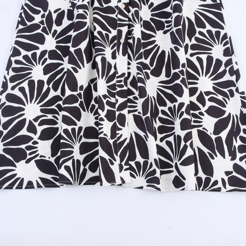 Women's New Fashion With Belt Short sleeved Printed Poplin Midi Dress