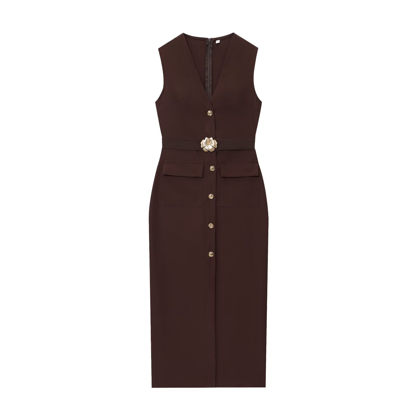Women's New Fashion With Belt Sleeveless V-neck Midi Dress