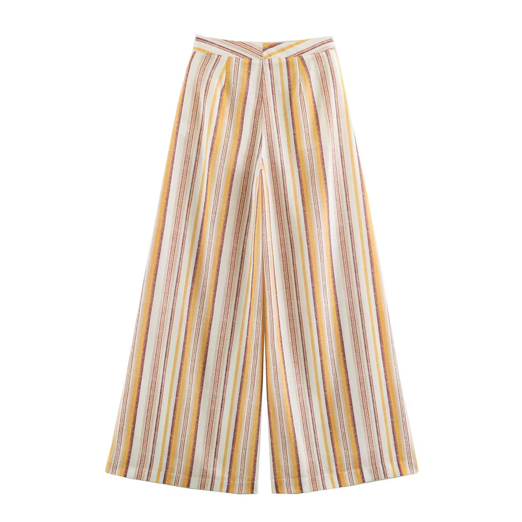 suit Women's 2 pieces bow decoration linen blended striped top+Pants