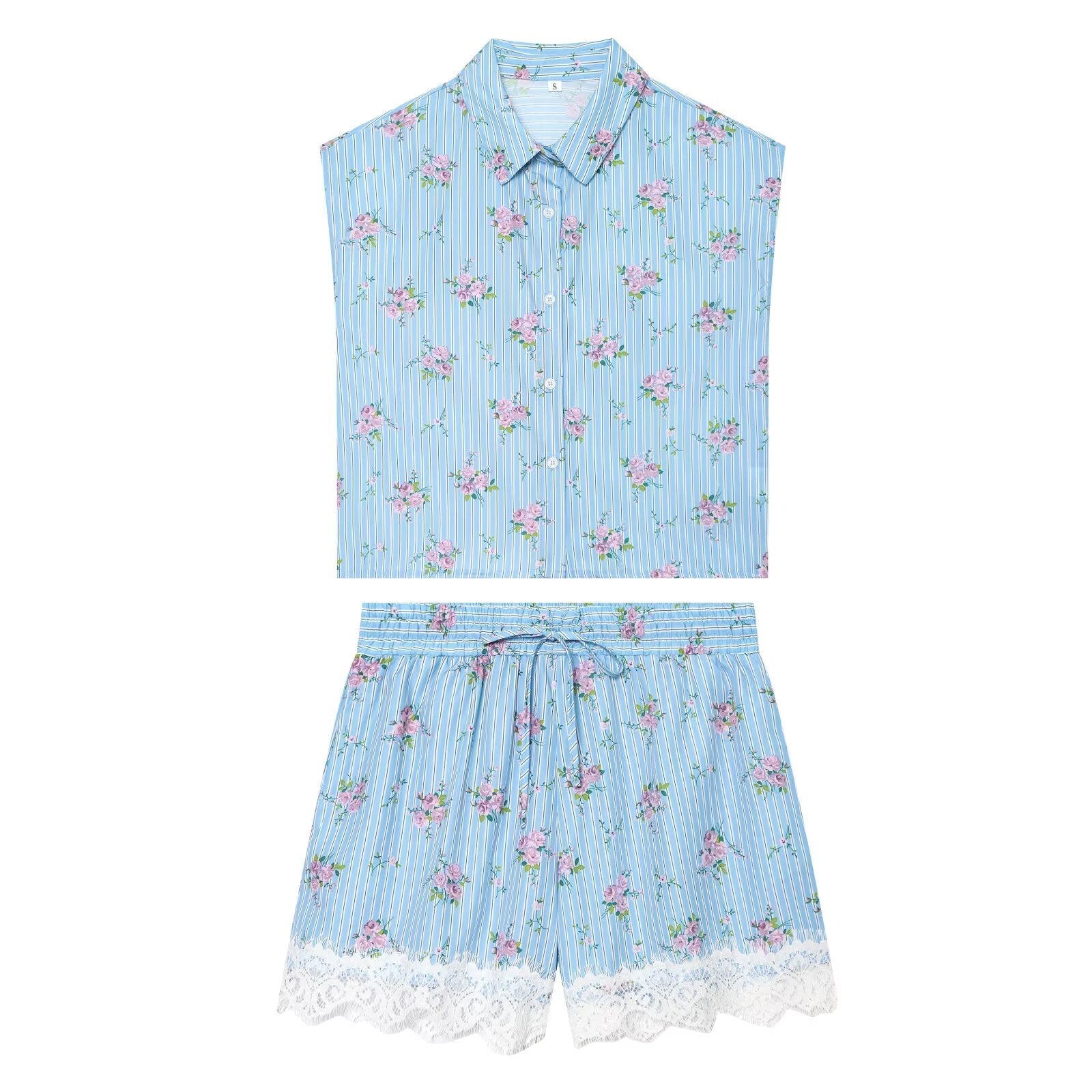 suit Women's 2 pieces striped printed shirt+striped lace shorts