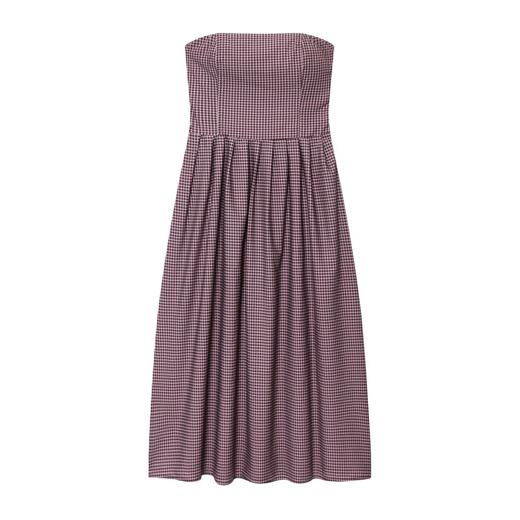 Women's new fashion pleated decorative plaid strapless MIDI dress