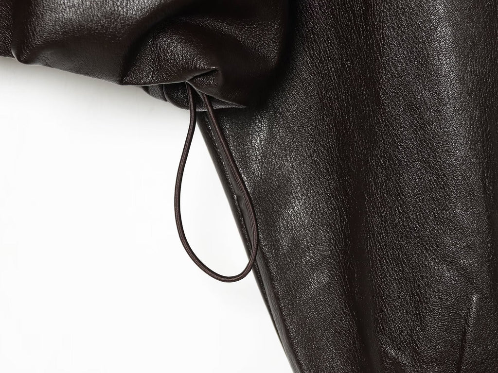 Women's drawstring decorative hooded faux leather Coat