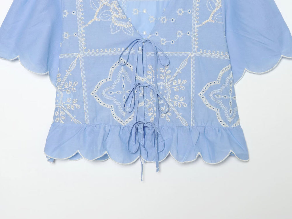 Women's bow decoration hollow embroidery shirt
