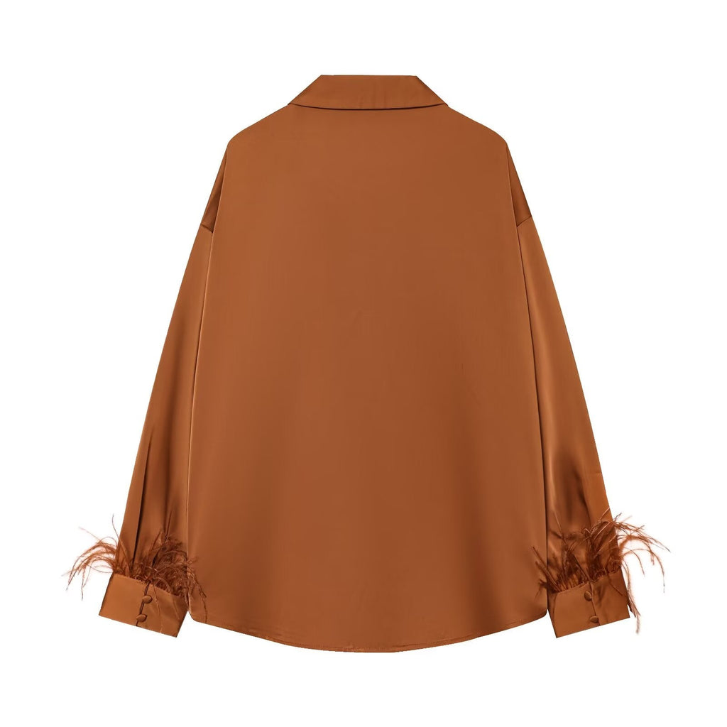 Women's feather decorated lapel satin textured shirt