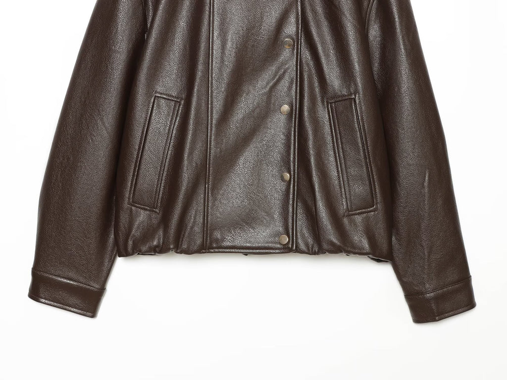 Women's leather effect standing collar pilot jacket Coat