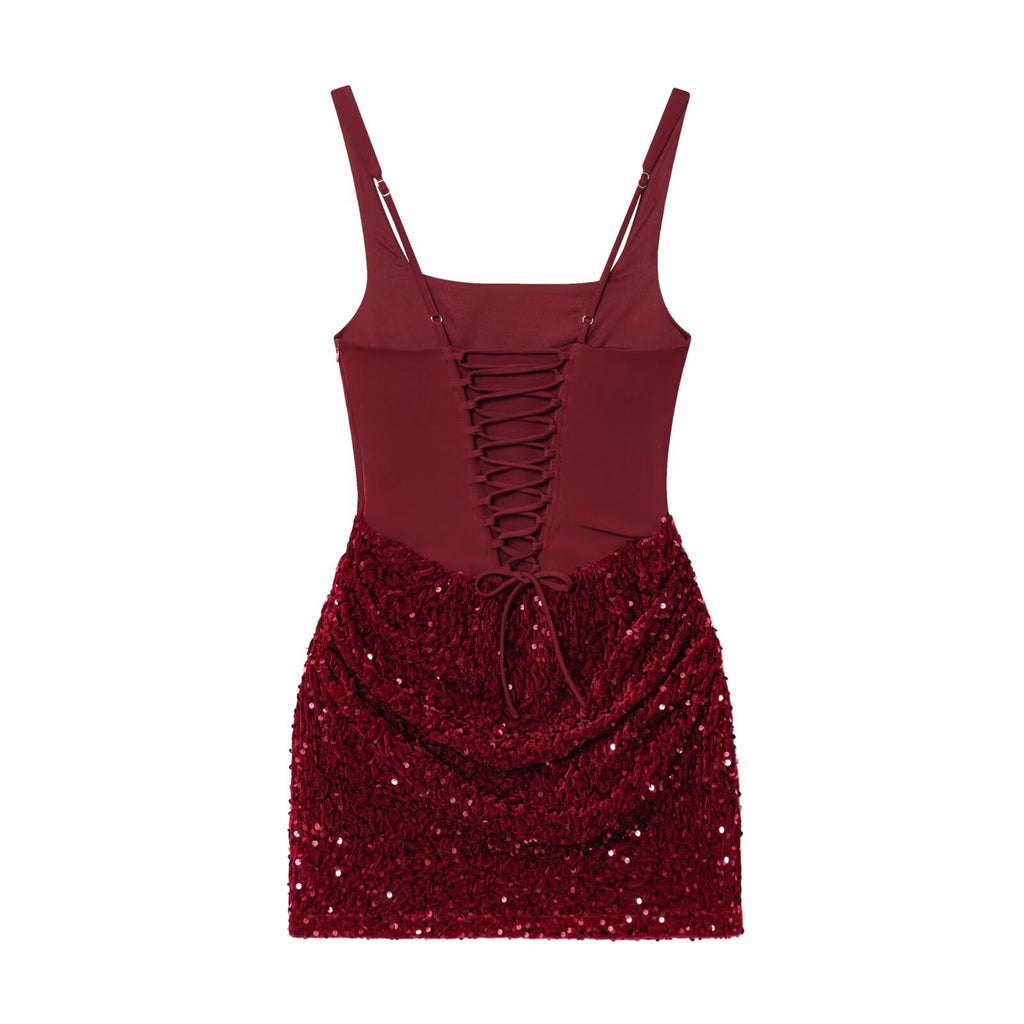 Women's sequin wrapped hip suspender mini dress