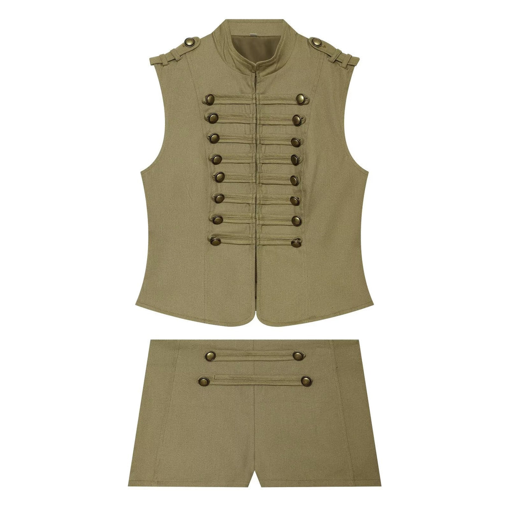 suit Women's 2 pieces button decoration short cotton vest+shorts