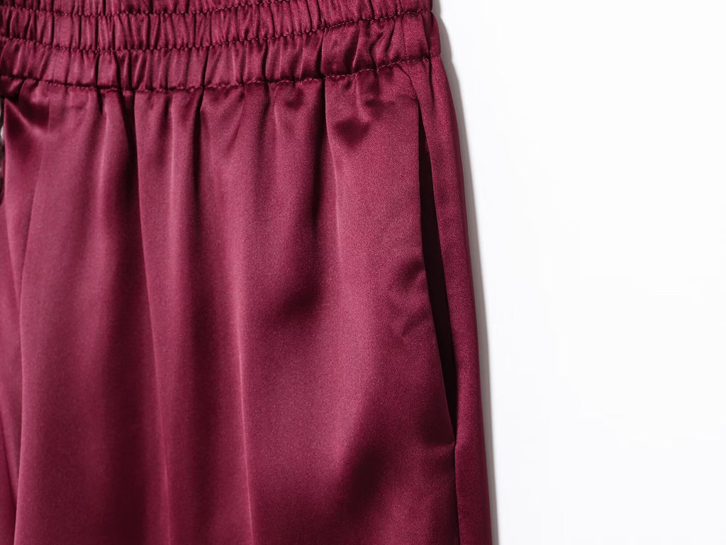 Women's new fashion with Belt short sleeved satin textured shirt+Pants suit