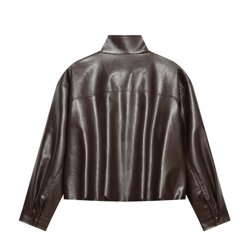 Women's leather effect standing collar pilot jacket Coat