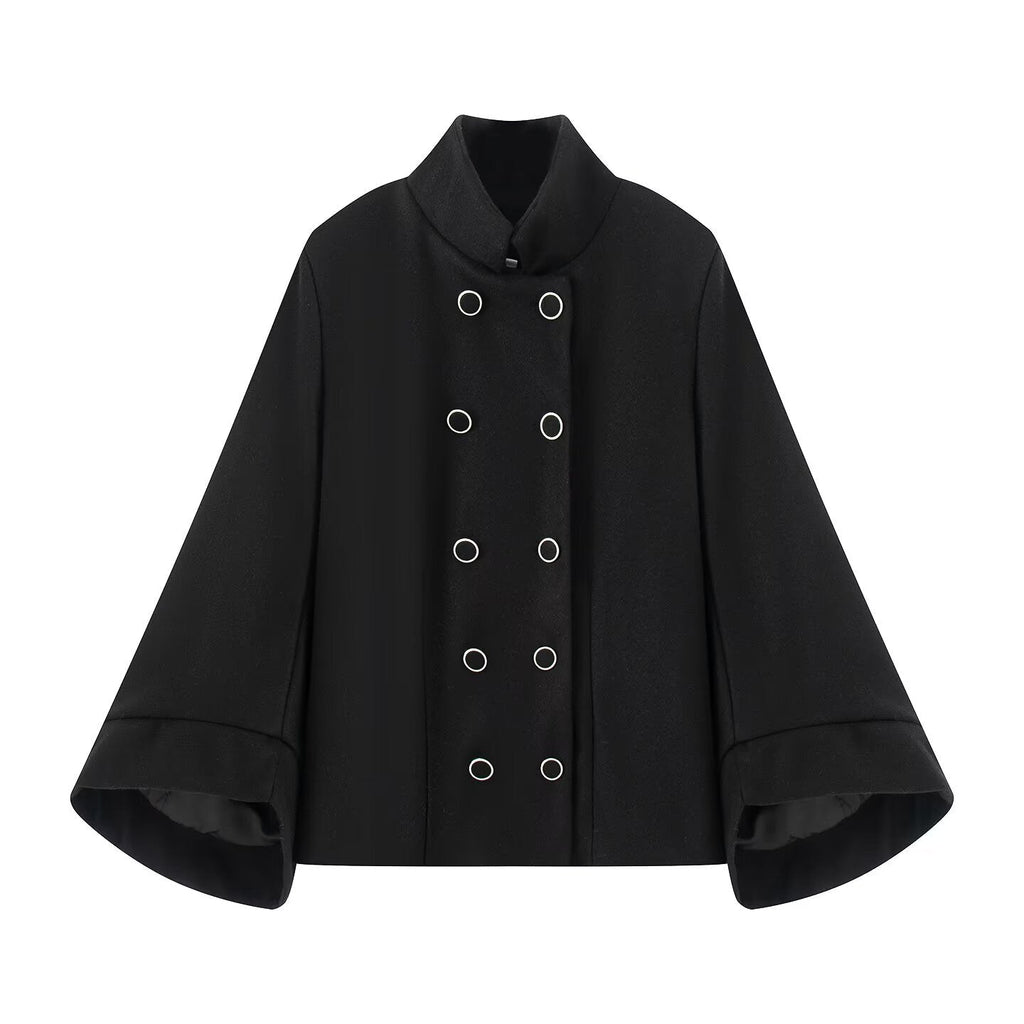 Women's standing collar double breasted batwing sleeve woolen coat