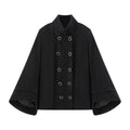 Women's standing collar double breasted batwing sleeve woolen coat