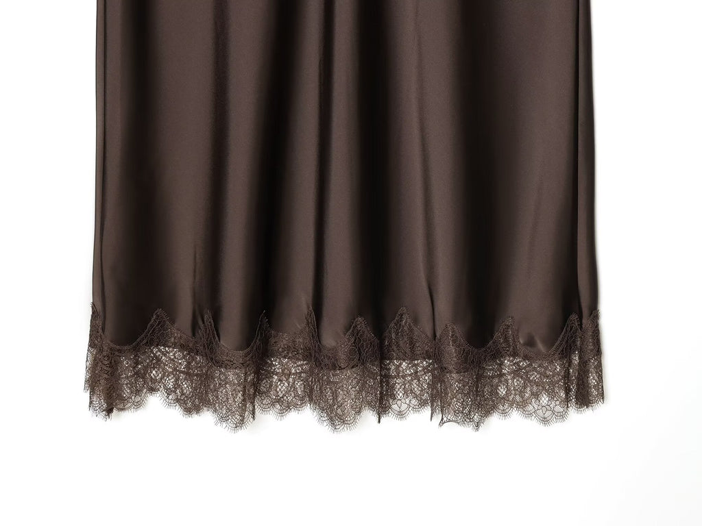 Women's lace hem satin texture MIDI skirt