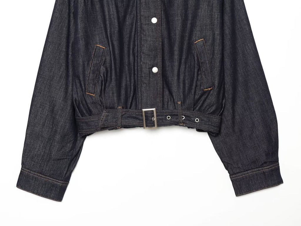 Women's waist belt decoration stand collar denim Coat