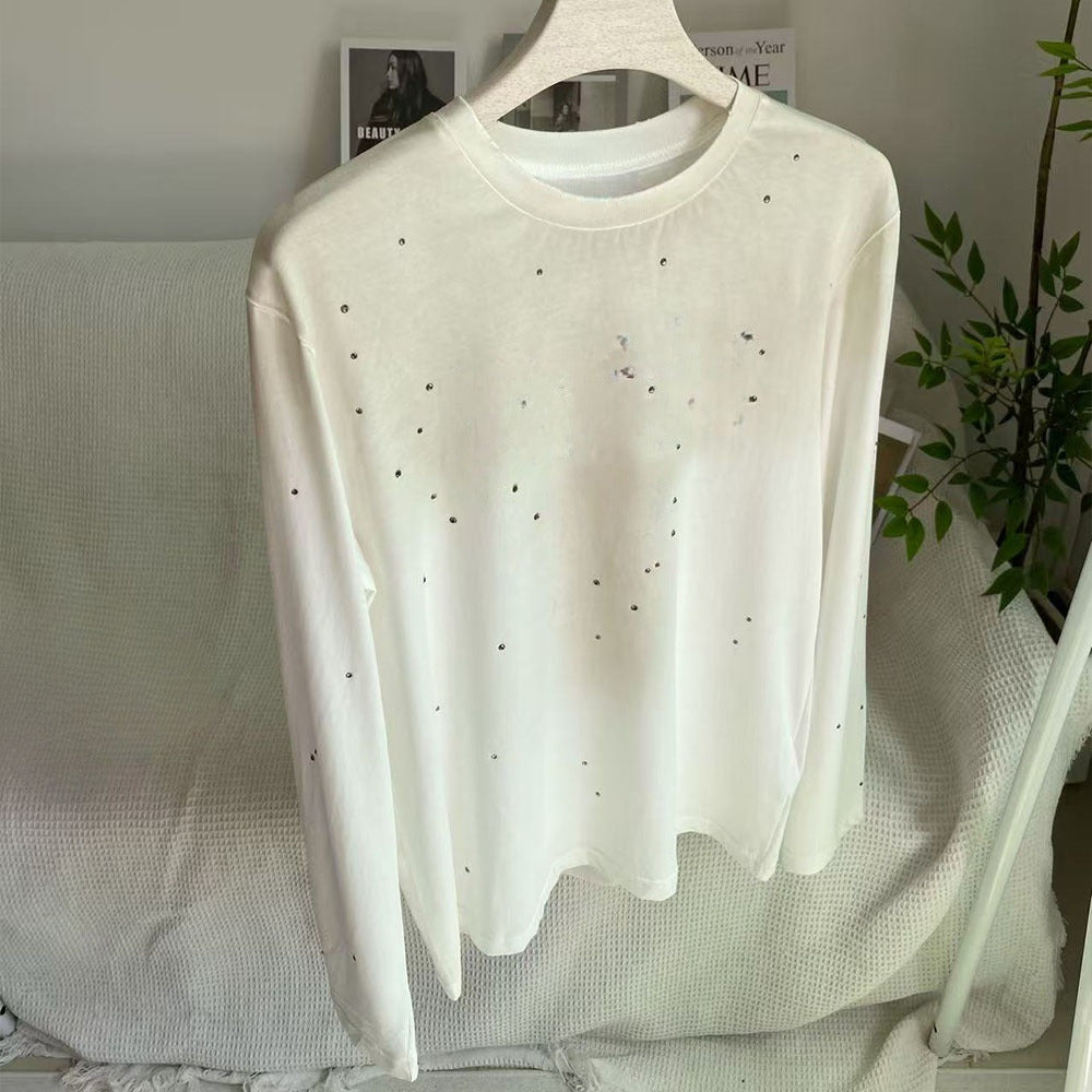 Women's new rhinestone decorated round neck long sleeve T-shirt