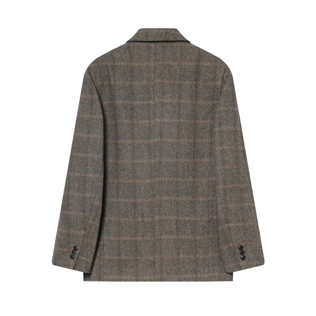 Women's loose wool blended plaid Blazer Coat