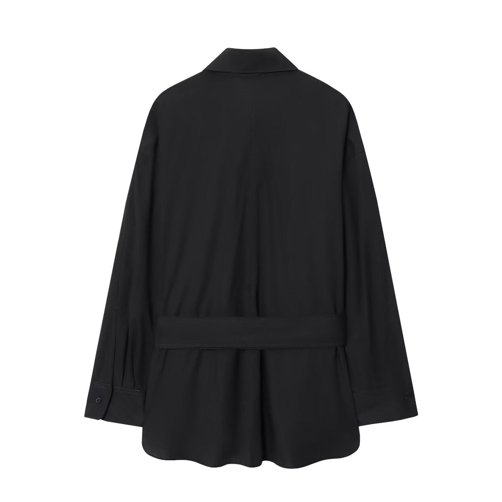 Women's 2025 New Fashion With Belt Black Poplin Button-up Shirt