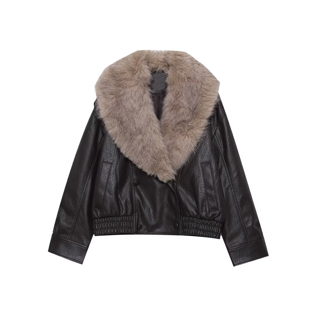 Women's detachable collar Faux Leather jacket Coat