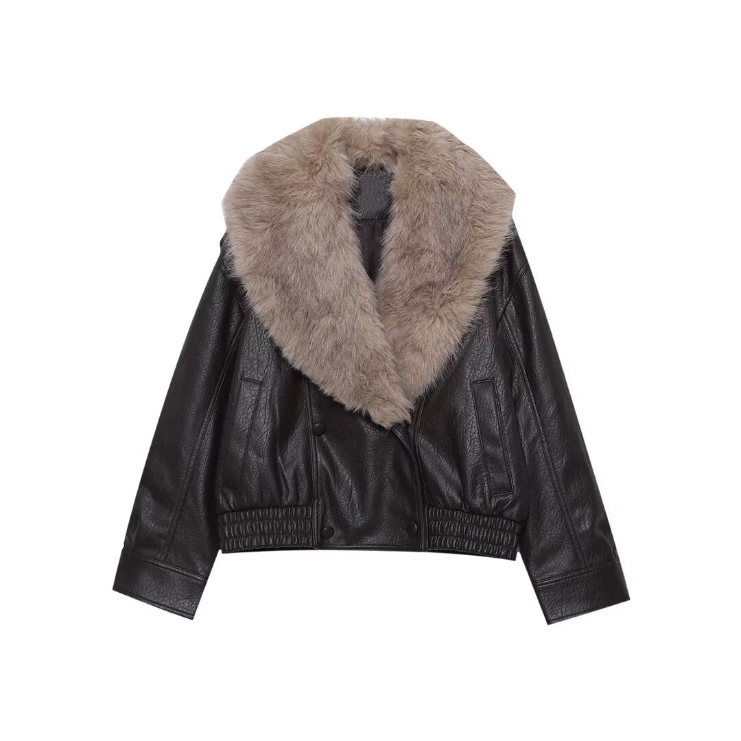 Women's detachable collar Faux Leather jacket Coat