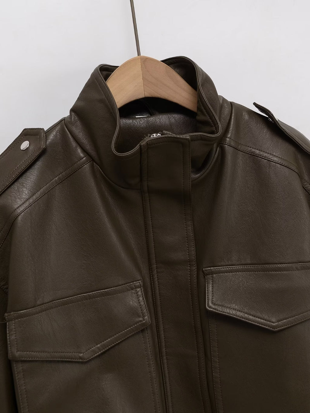 Women's short standing collar Faux Leather jacket Coat