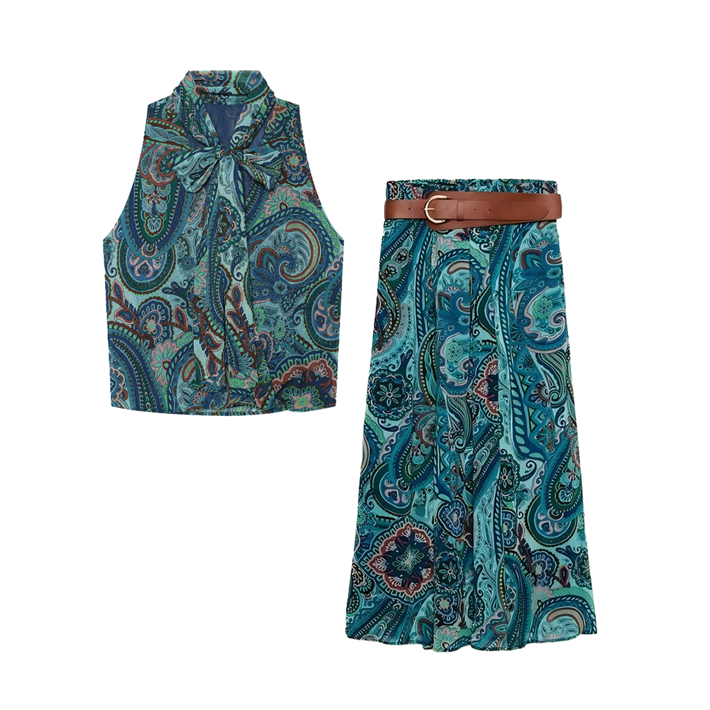 suit Women's 2 pieces bow decoration printed top+Skirts