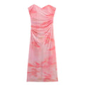 Women's summer new printed tulle strapless MIDI dress