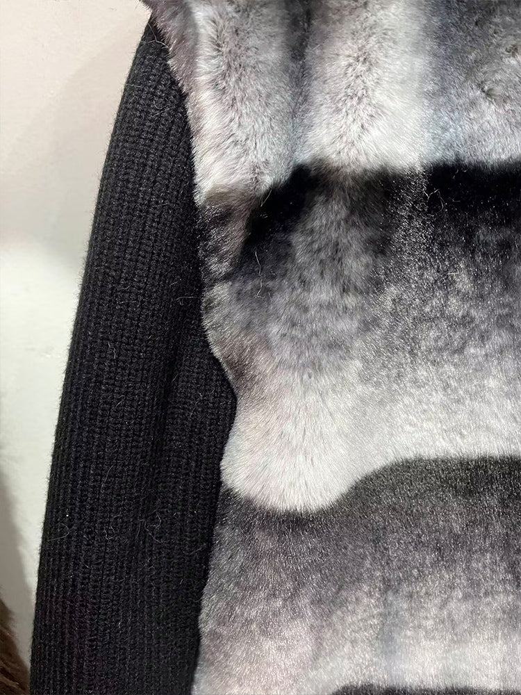 Women's faux fur effect spliced knitted sleeve Coat