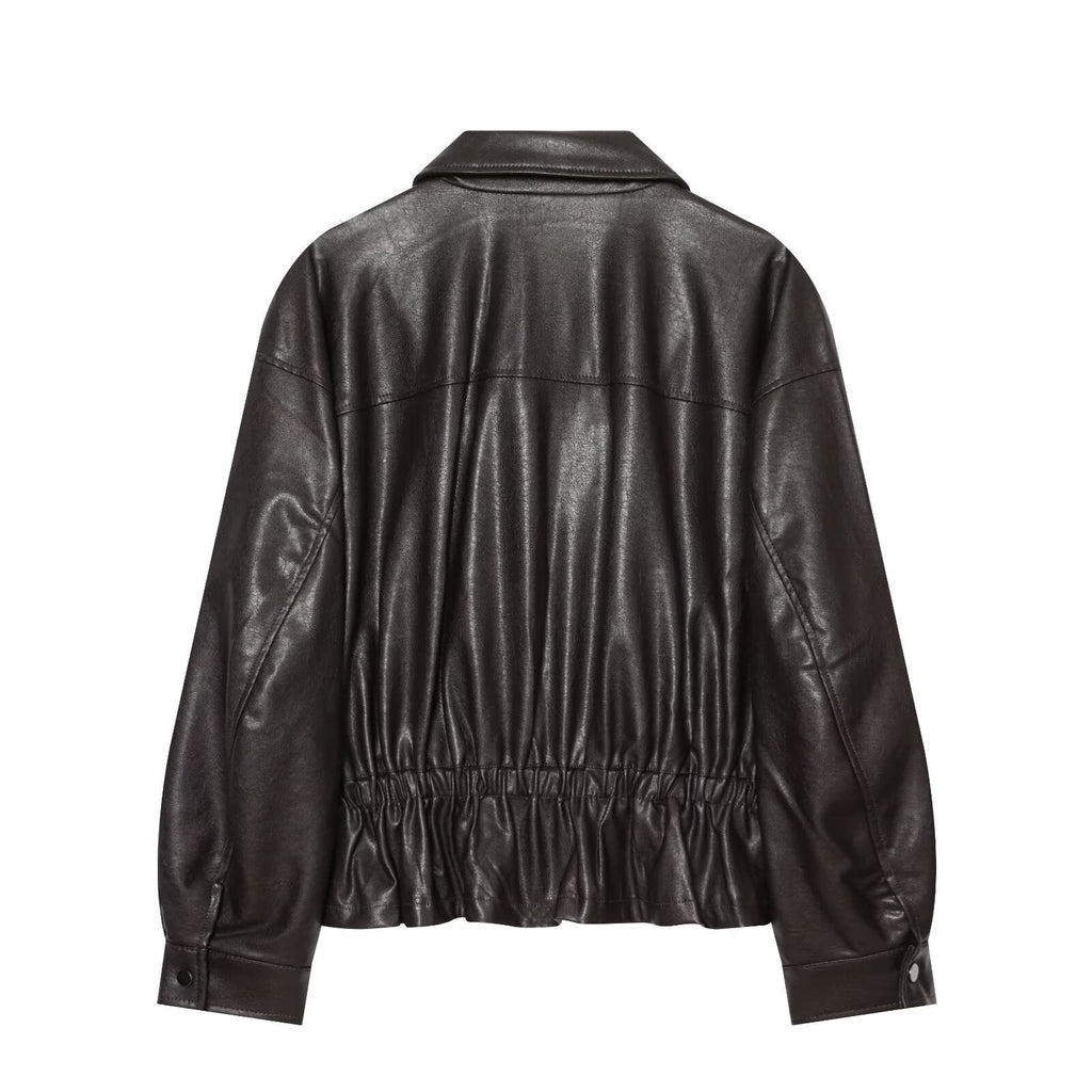 Women's skirt style hem imitation leather jacket Coat