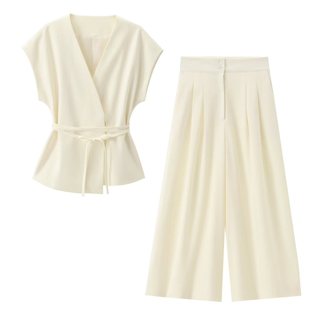 Women's new fashion with Belt casual linen blend V-neck vest+Pants suit