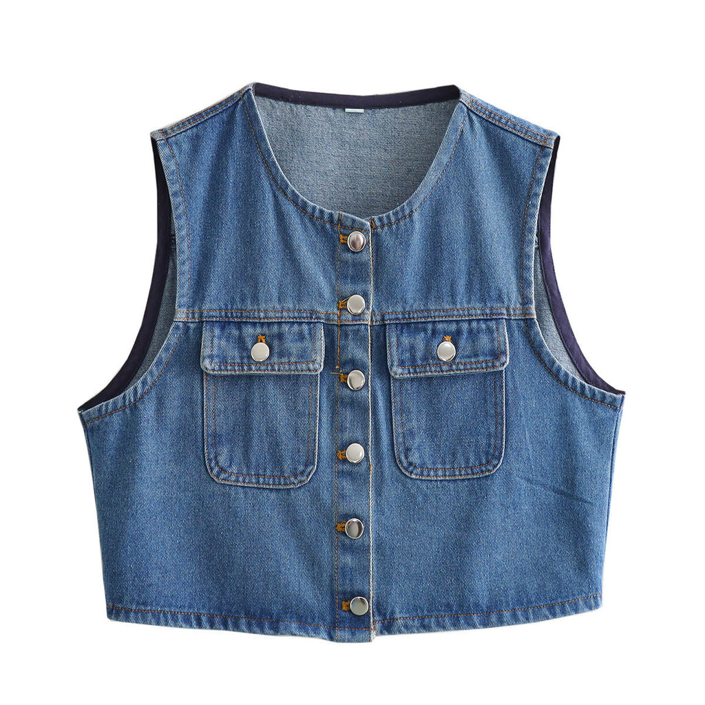 Women's 2025 fashion denim vest vintage blouse