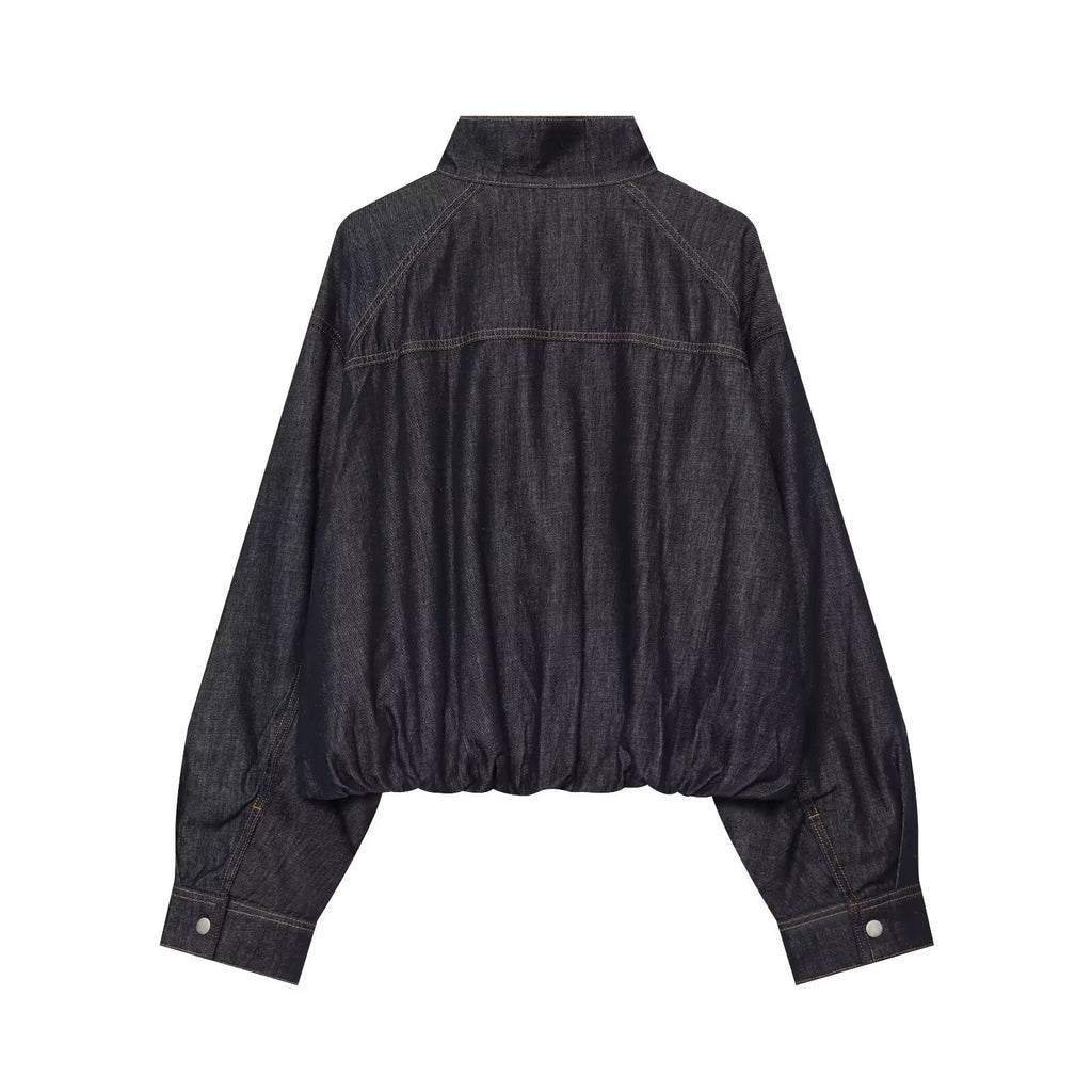 Women's waist belt decoration stand collar denim Coat