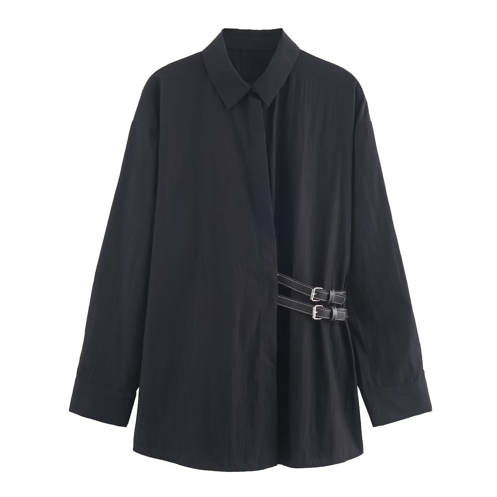 Women's 2025 new belt decoration loose poplin shirt