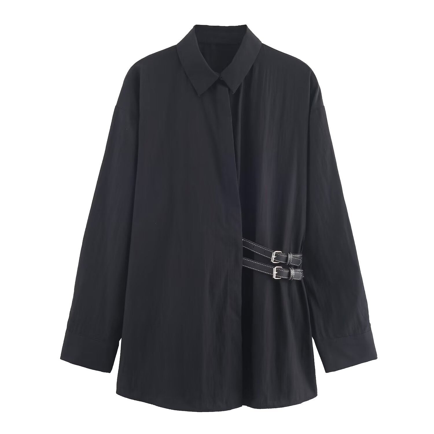 Women's 2025 new belt decoration loose poplin shirt