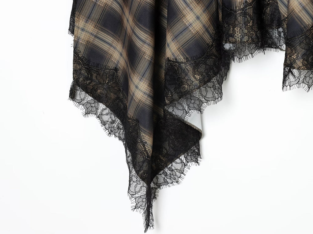 Women's lace hem casual plaid MIDI skirt