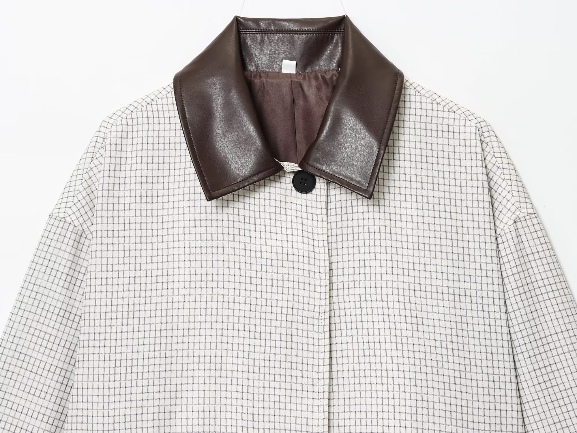 Women's new fashion leather collar design short plaid Windbreaker coat
