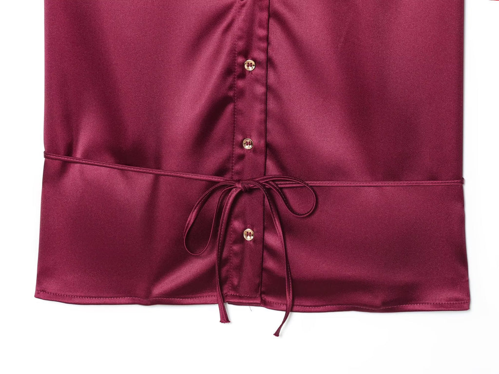 Women's new fashion with Belt short sleeved satin textured shirt+Pants suit