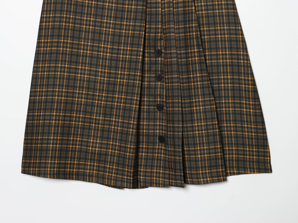 Women's button decoration pleated plaid MIDI skirt