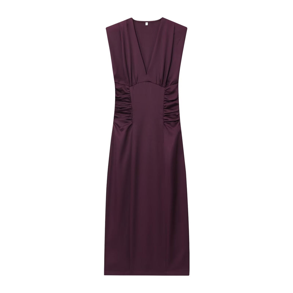 Women's summer fashion sleeveless draped V-neck MIDI dress