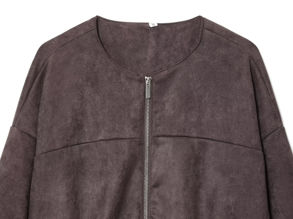 Women's new fashion anti suede effect O-Neck zipper jacket Coat