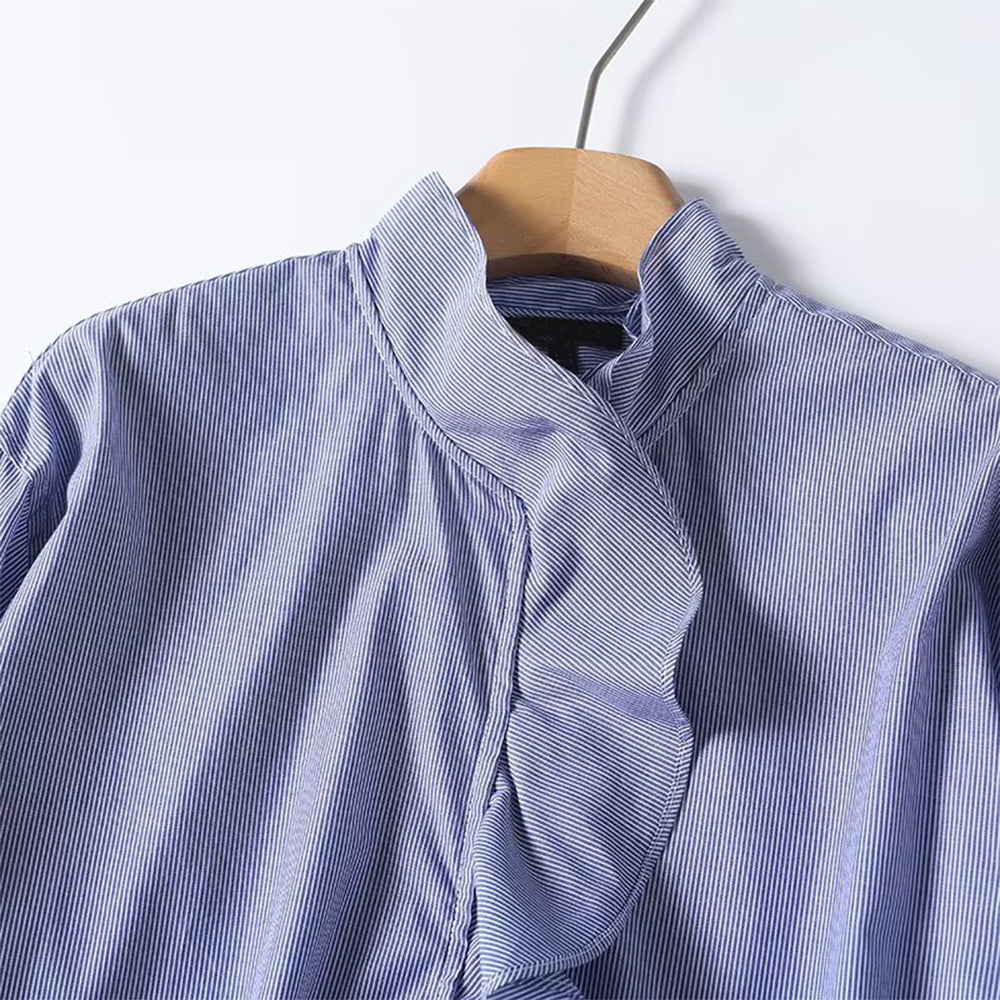 Women's ruffled high neck cotton striped shirt
