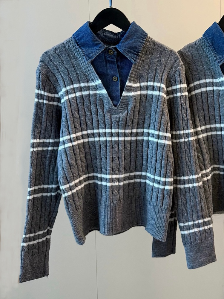Women's new casual embroidered denim lapel striped sweater