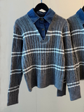 Women's new casual embroidered denim lapel striped sweater