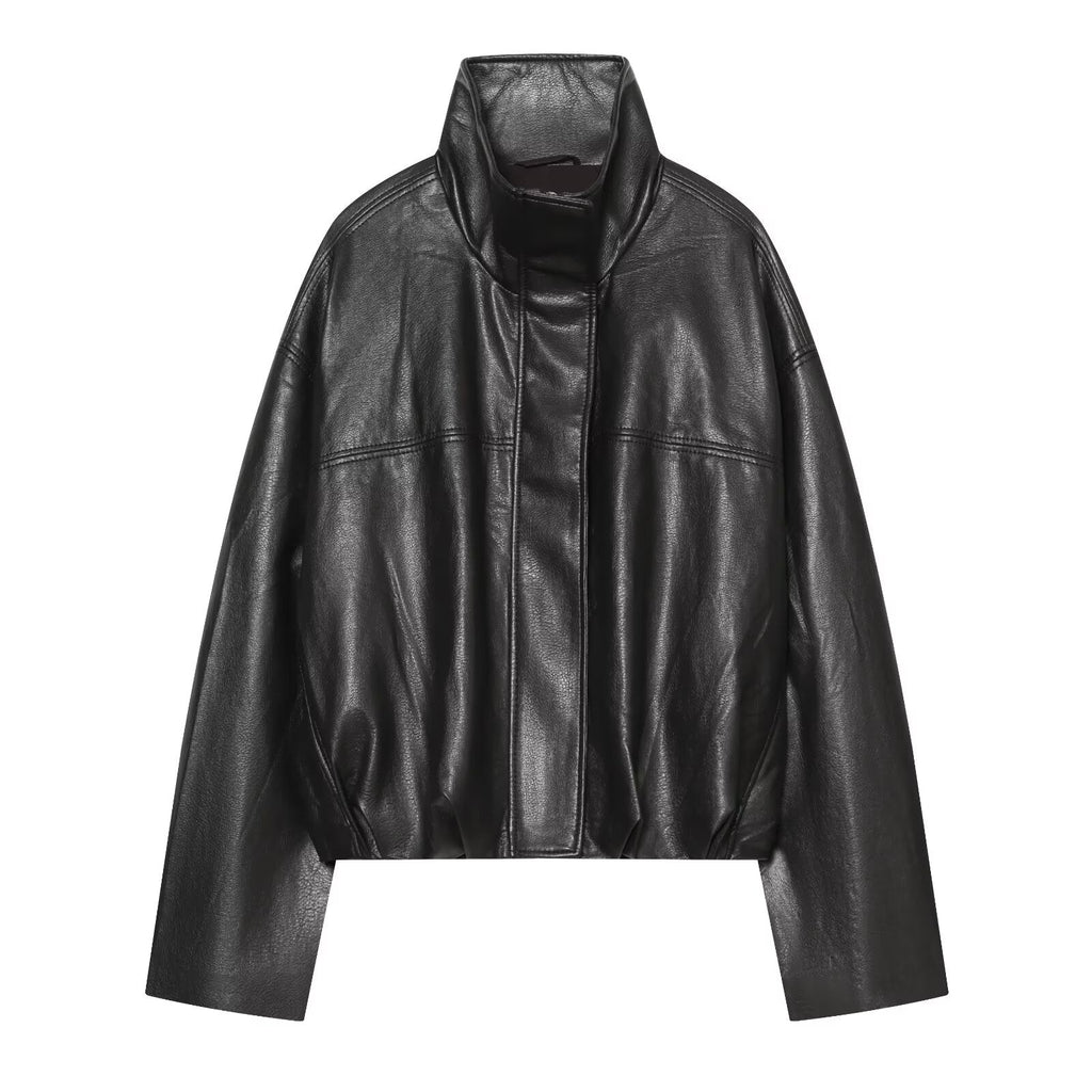 Women's bubble hem imitation leather oversized jacket