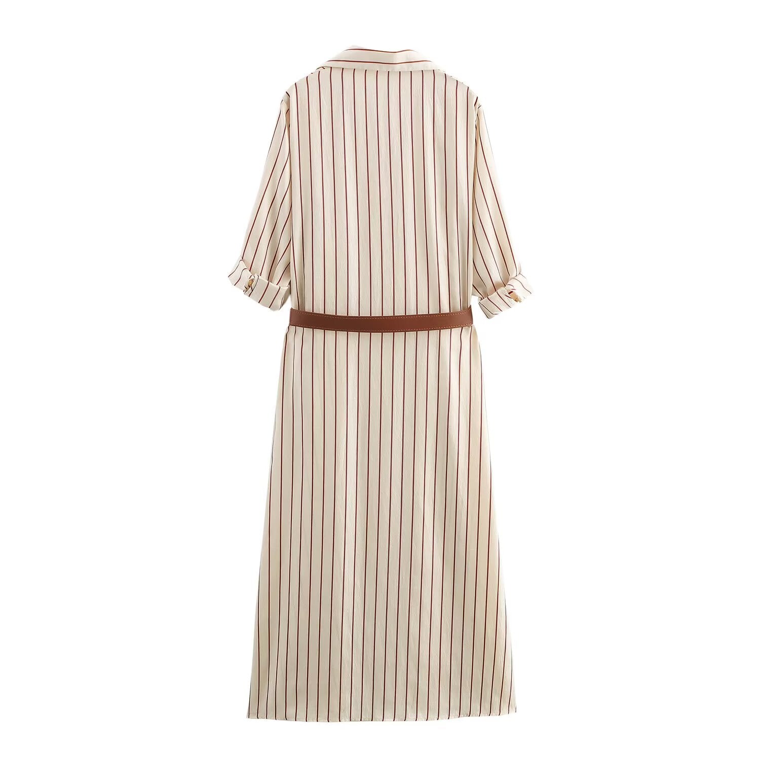 Women's new chic Fashion With Belt loose single breasted striped shirt style MIDI dress retro short sleeved pocket women's dress Mujer