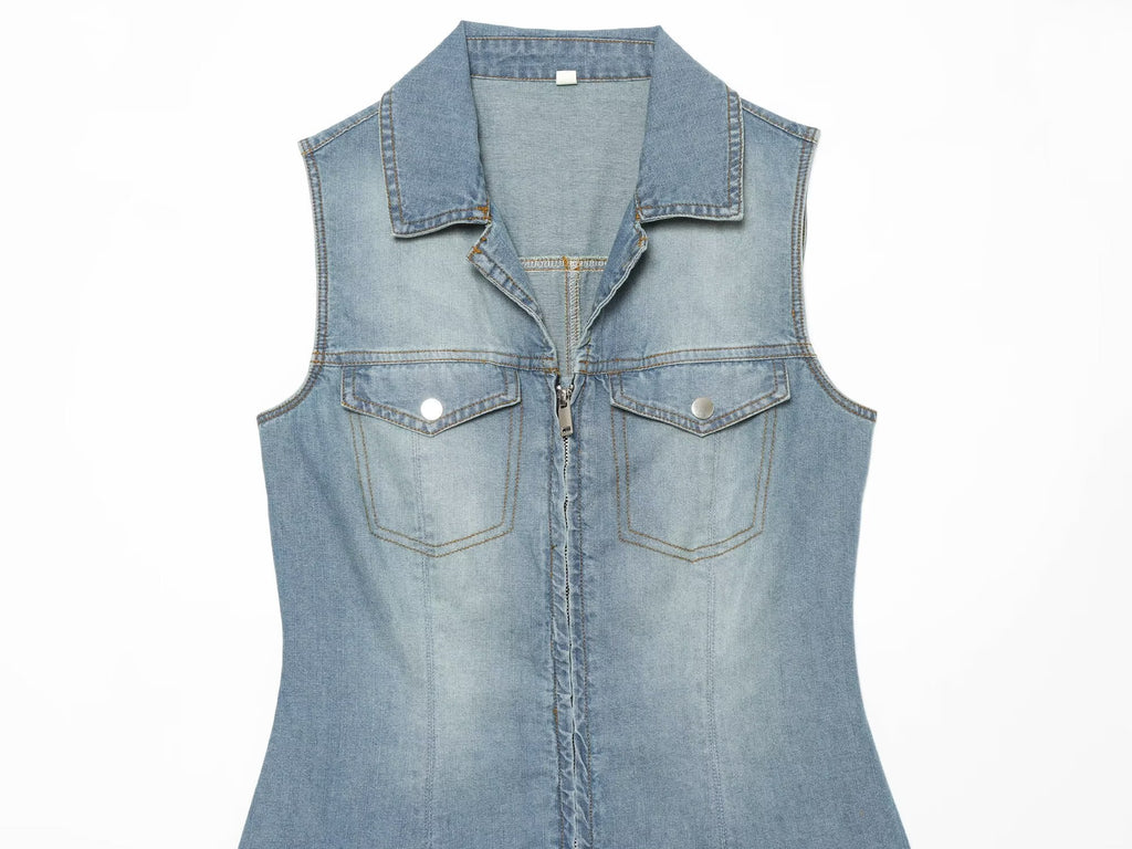 Women's sleeveless lapel denim dress